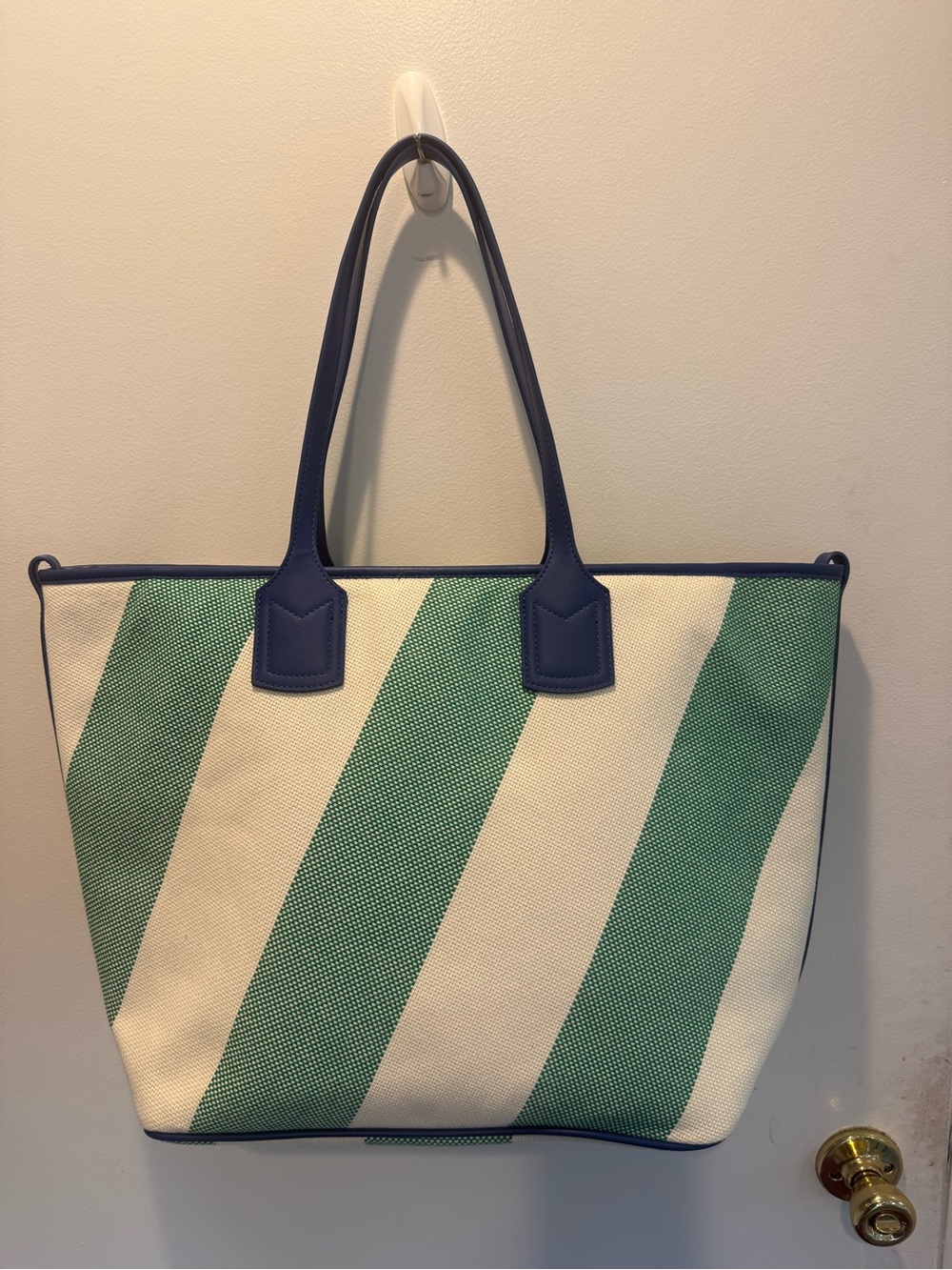 Boden Green and White Diagonal Stripe Canvas Tote with Navy Handles